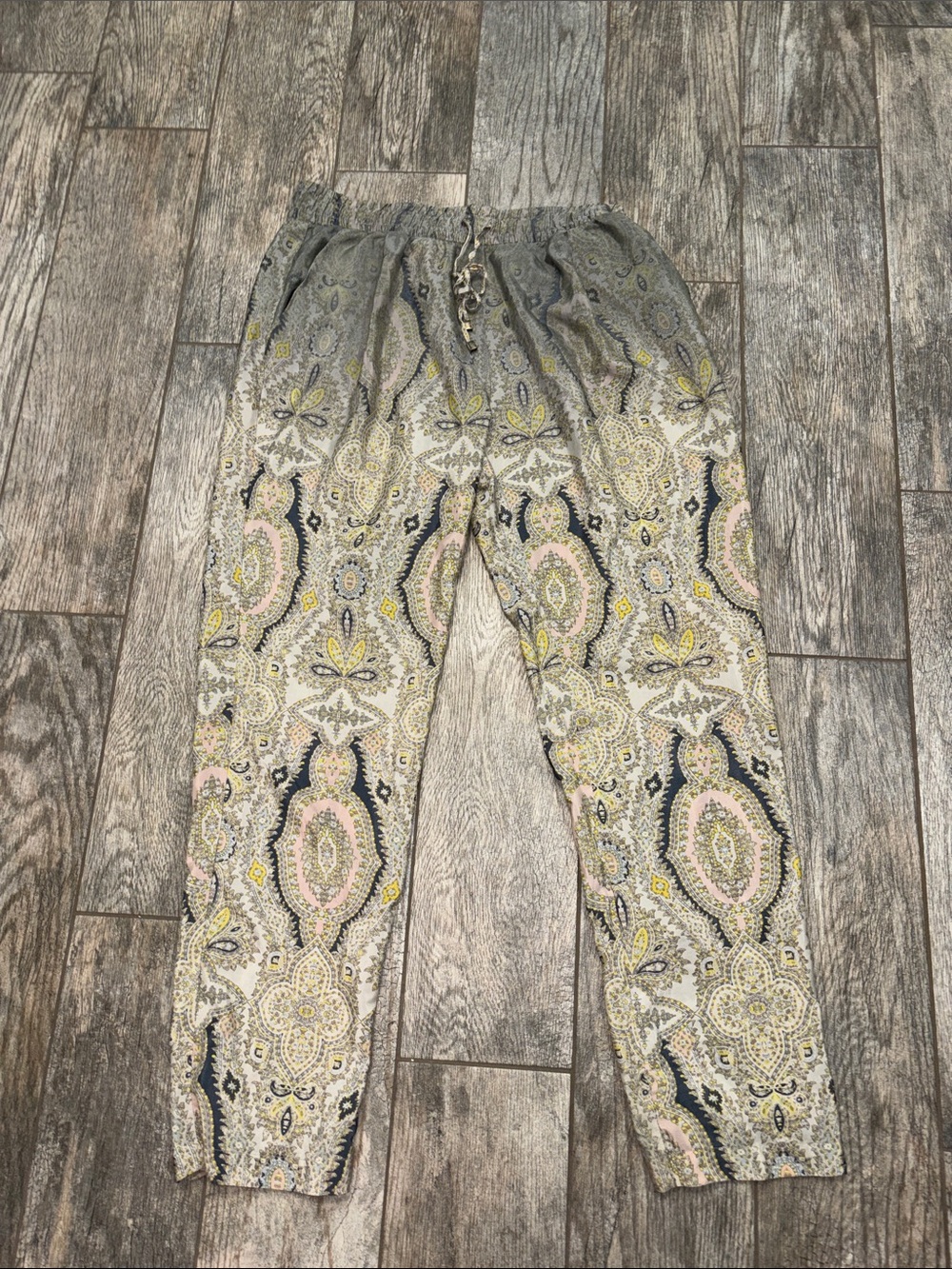 Philosophy Paisley Print Drawstring Pants in Gray, Pink, Yellow